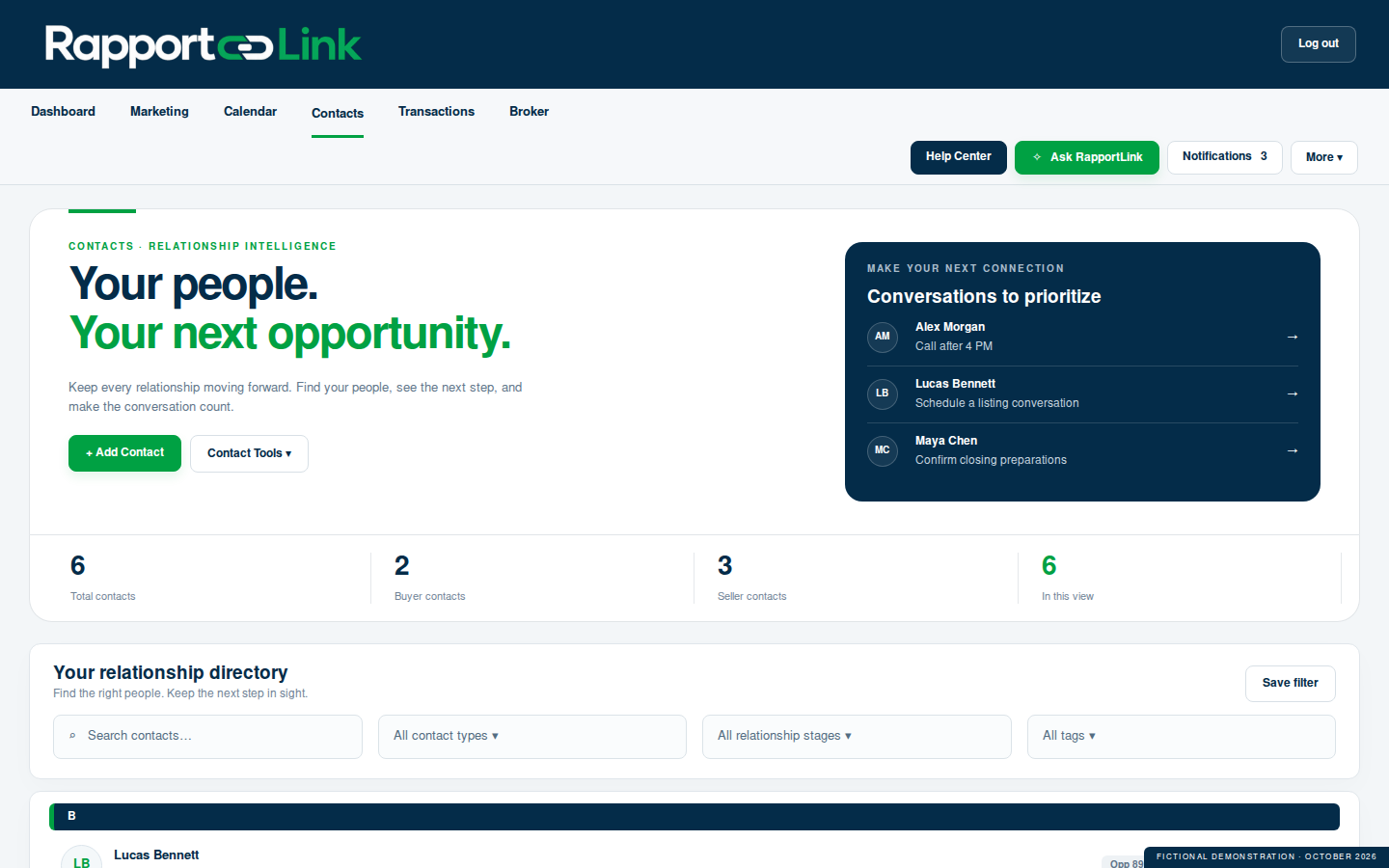 Recreated RapportLink™ Contacts page with fictional relationships